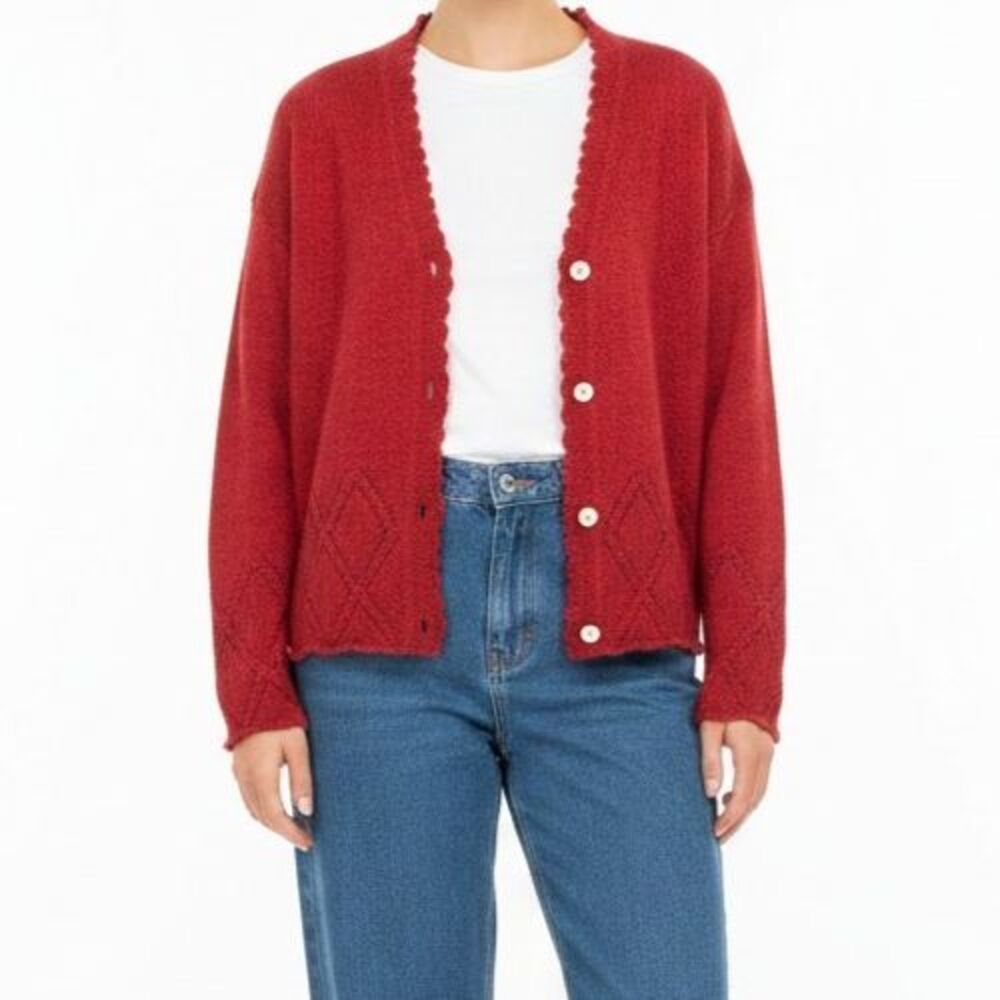 Y2K Tweeds Mohair Wool Blend Eyelet Cardigan Women Large Rusty Red Hong Kong 90s